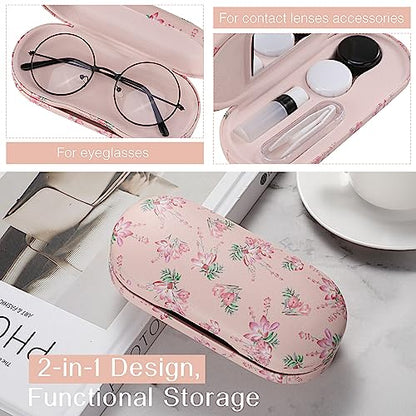 MoKo Double Eyeglass Case,Glasses and contact case 2 in 1 with Mirror - color: Pink Flowers