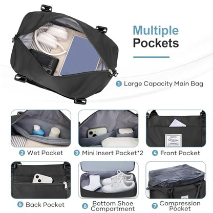 Weekender Bags for Women, Personal Item Travel Bag with Shoes Compartment - color: A-Black with Air Pump, size: Large