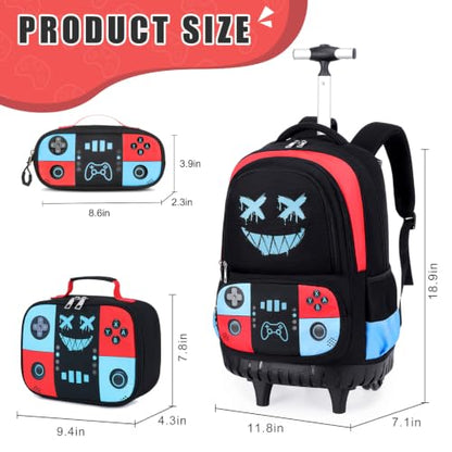 Bevalsa Rolling Backpack for Boys,Cool Gamer Boys Backpack with Wheels - color: Red Blue Smile