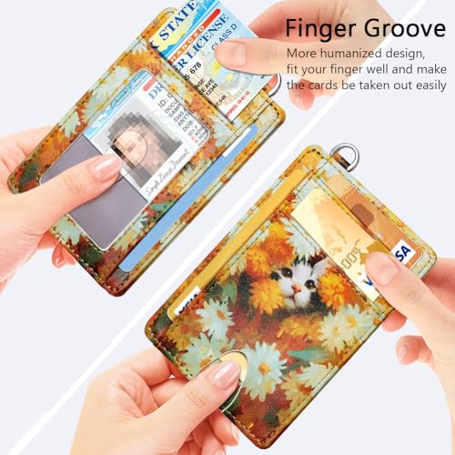 FurArt Slim Minimalist Wallet RFID Credit Card Holder for Men - color: Daisies and Cat