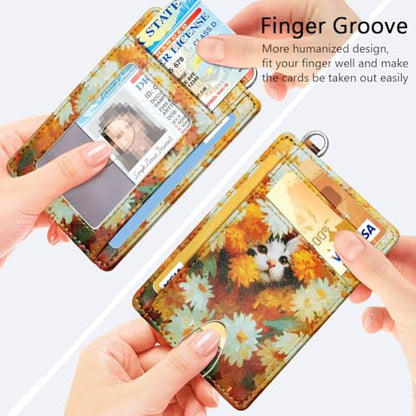 FurArt Slim Minimalist Wallet RFID Credit Card Holder for Men - color: Daisies and Cat