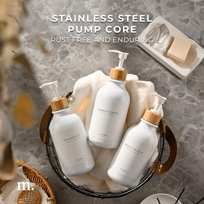 MaisoNovo Refillable Shampoo and Conditioner Bottles| White Bamboo Set of 3 - color: White /Bamboo