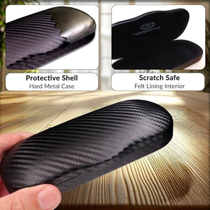 MyEyeglassCase Men's Medium Glasses Case - Classic Eyeglasses Hard Shell Holder, Elegant Easy Open Lip with Pouch and Cloth - color: As196 Carbon Black