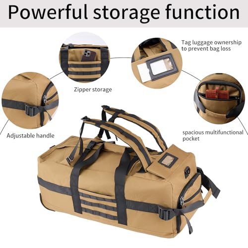 80L Travel Rolling Duffel Bag with wheels, Military Tactical Wheeled Foldable for Deployment Travel Camping Sports - color: Khaki（Adjustable handle）