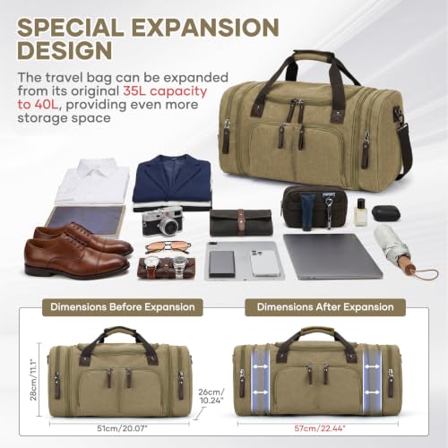 coowoz Duffle Bag for Men 40L Expandable Canvas Travel Weekender Overnight Bag with Trolley Sleeve & Shoulder Strap for Business Trips, Travel Khaki - color: Khaki
