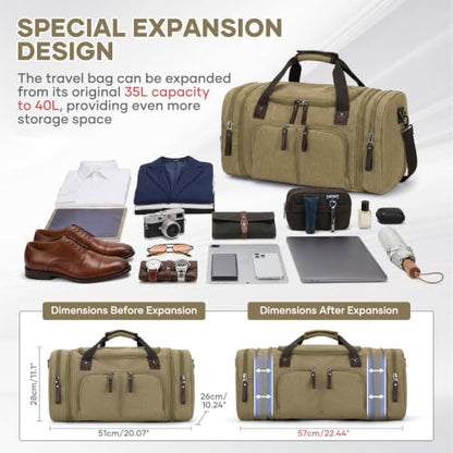 coowoz Duffle Bag for Men 40L Expandable Canvas Travel Weekender Overnight Bag with Trolley Sleeve & Shoulder Strap for Business Trips, Travel Khaki - color: Khaki