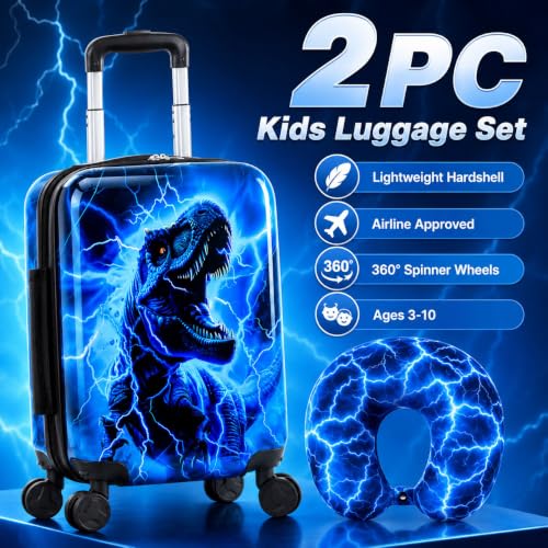 UFNDC Lightweight Hardshell Spinner Luggage Set for Kids 2PCS with Wheels - Airplane Approved Carry-On Suitcase for Boys Ages 3-10, Lightning Dinosaur Rolling Suitcases for Elementary Toddler Travel - color: Blue Lightning Dinosaur Luggage 2PCS Set