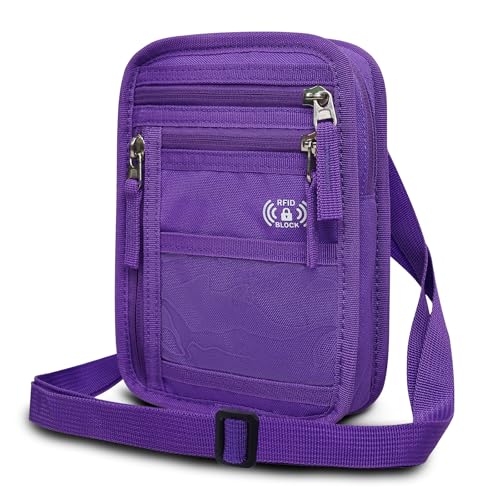 RFID Neck Wallet for Travel, Passport Holder, Money Pouch - color: Purple