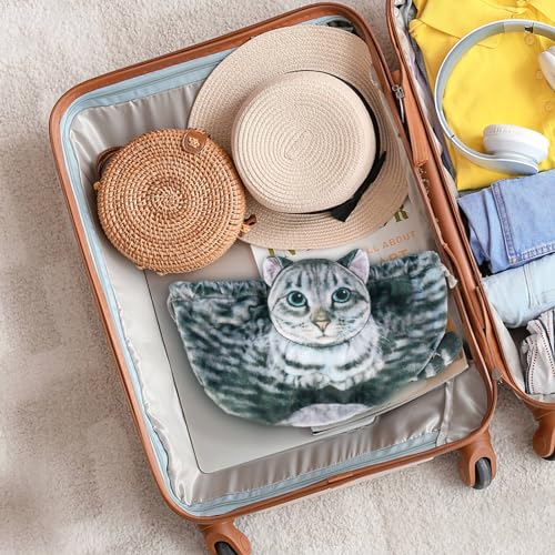 Cat Shaped Drawstring Makeup Bag for Women - Grey Tabby Cat Design Cosmetic Case - color: Grey Tabby Cat
