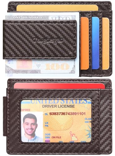 Toughergun Slim Wallet for Men RFID Blocking Money Clip, Minimalist Front Pocket Credit Card Holder, Magnetic Thin Mens Wallets with ID Window - color: Glossy Weave Brown
