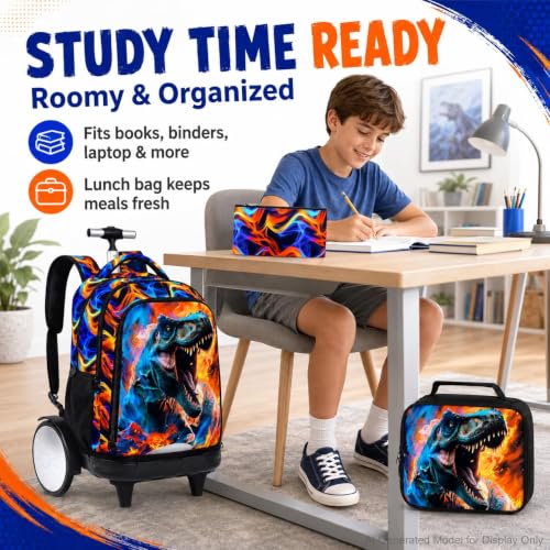 20 Inches Large Wheels Rolling Backpack for Boys with Detachable, 3Pcs Kids Fire Dinosaur Wheeled Backpack Set for Elementary School (Red) - color: Fire Dinosaur (Large Wheels)