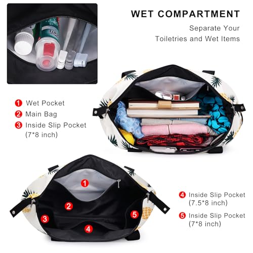 Expandable Duffel Bag for Women with Trolley Sleeve/Wet Pocket Weekender Travel Tote Large Carry On Overnight Luggage - color: Pineapple