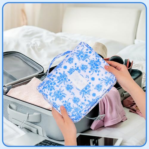 Hanging Toiletry Bag for Women, Portable Cosmetic Summer Beach Bag, Floral - color: blue&white