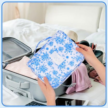 Hanging Toiletry Bag for Women, Portable Cosmetic Summer Beach Bag, Floral - color: blue&white
