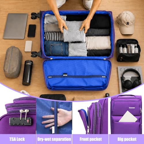 Softside Carry On Luggage Set & Spinner Wheel, Expandable Travel Suitcase - color: Purple