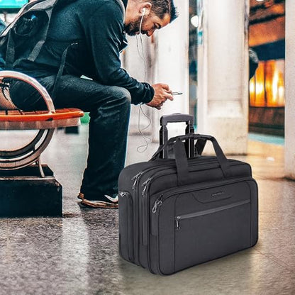 KROSER 17.3 Inch Rolling Laptop Computer Bag,Wheeled Briefcase，Roller case | Multi-compartments,silent wheels, fits airline overhead bins for overnight business trips