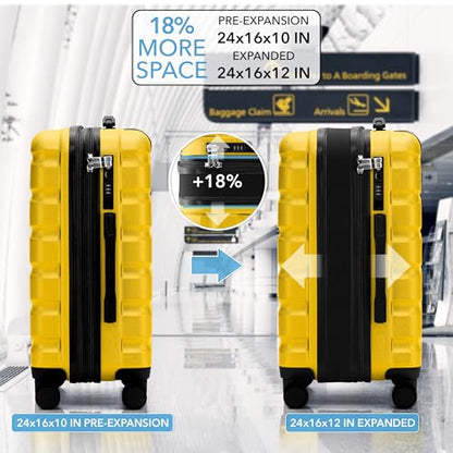 Flight Knight 24x16x10 Expandable Carry On Suitcase Hardside TSA Lock USB C Lightweight Luggage Silent Double Spinner Wheels Maximum Overhead Carry-On Bag For Virgin South West Approved Yellow - color: Yellow, size: 24x16x10"