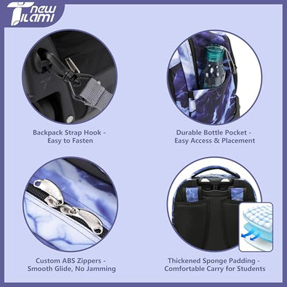 NEW TILAMI 18-Inch Rolling Backpack 6-Wheel for Kids School Travel - color: Purple Lightning