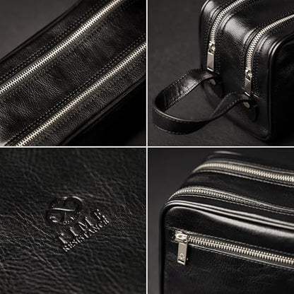 Time Resistance Leather Cosmetic Bag - Italian Toiletry Dopp Kit (Black) - color: Black