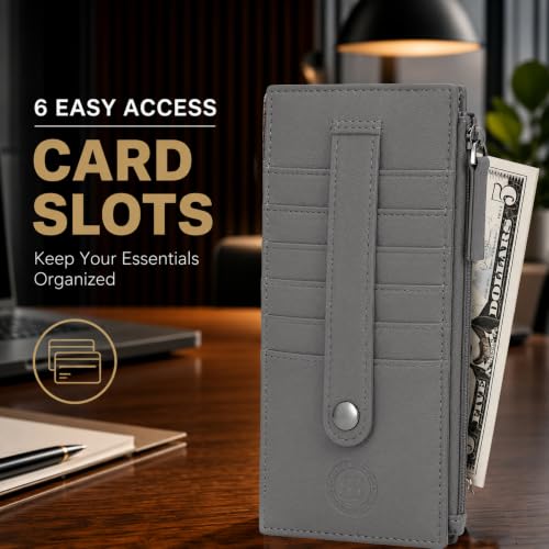 Leatherboss Genuine Leather Women's All in One Credit Business Card Case Holder Slim Zipper Wallet With a Card Protection Strap, Gray - color: Gray