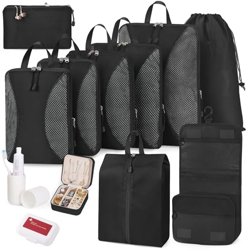 12-Piece Expandable Compression Packing Cubes, Space Saving Suitcase Organizers for Travel, Heavy Duty Luggage Storage Pouches Set, Black - color: Black