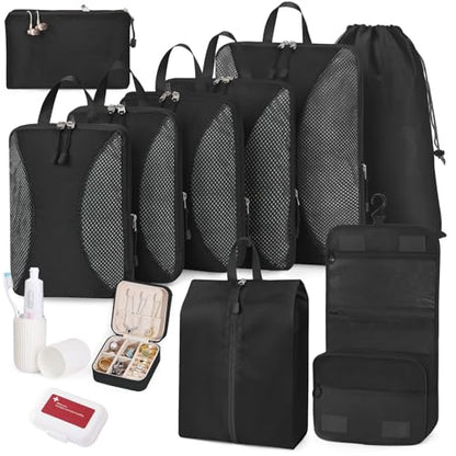12-Piece Expandable Compression Packing Cubes, Space Saving Suitcase Organizers for Travel, Heavy Duty Luggage Storage Pouches Set, Black - color: Black