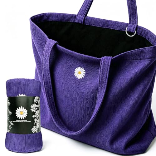 Purple Black Packable Tote Bag for Women with Pockets, Everyday Tote Bag