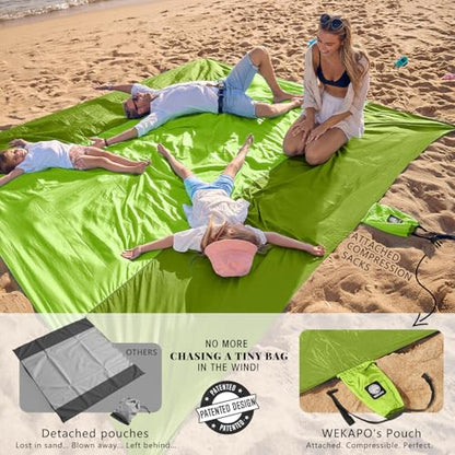 WEKAPO Beach Blanket Sandproof Waterproof, Extra Large Beach Mat, Oversized & Compact Sand Free, Quick Drying Beach Essentials for Vacation, Cruise, Picnic & Camping with Stakes - color: Green, size: 9x10 FT (1～8 person)