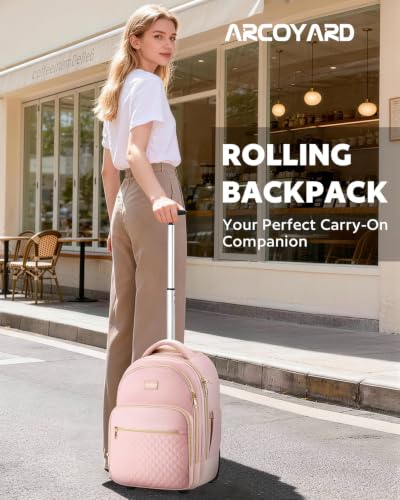 Arcoyard Rolling Backpack for Women, 15.6 Inch Travel Backpack with Wheels - color: Pink Gold, size: 15.6-inch