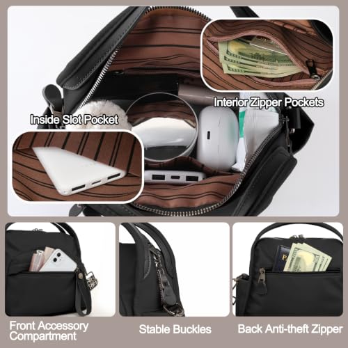 Nylon Top Handle Crossbody Bags for Women with 2 Adjustable Straps - color: Black