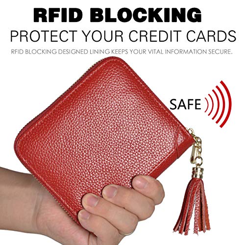 Easyoulife Womens Credit Card Holder Wallet Zip Leather Card Case RFID Blocking (Red) - color: Red