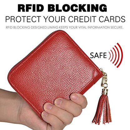Easyoulife Womens Credit Card Holder Wallet Zip Leather Card Case RFID Blocking (Red) - color: Red