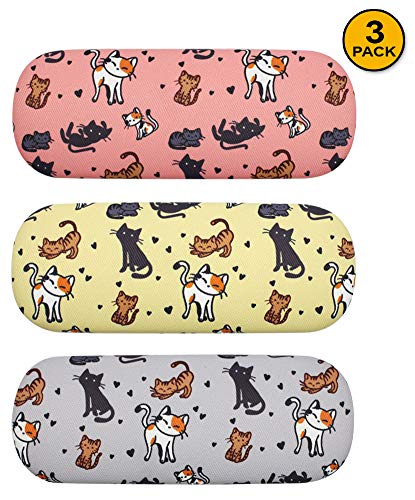 JAVOedge [4 PACK / 3 PACK], Printed Pattern Durable Hard Clamshell Eyeglass Case with Bonus Microfiber Cloth - color: Cats - Style a, size: 3 PACK