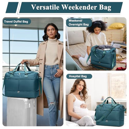 Travel Duffel Bag with Shoe Compartment,Overnight Weekender Bags for Women - color: Peacock Blue with Toiletry Bag