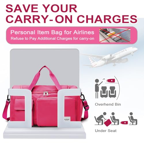 WOOMADA Foldable Travel Duffel Bag with Shoes Compartment, Overnight Bag with Wet Pocket & Trolley Sleeve, Weekender Bags for Women(A-rose red) - color: A-rose red