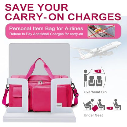 WOOMADA Foldable Travel Duffel Bag with Shoes Compartment, Overnight Bag with Wet Pocket & Trolley Sleeve, Weekender Bags for Women(A-rose red) - color: A-rose red