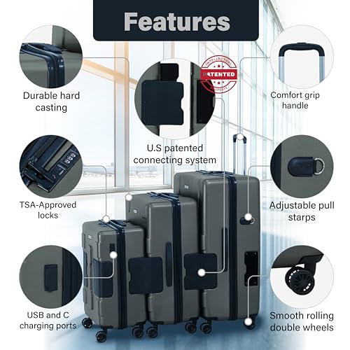 TACH Patented Connecting Hard Shell 3 Piece Luggage Set - 20, 24 & 28 inch Luggage | Carry-On, Medium & Large Rolling Suitcases - Slate Grey - color: Slate Grey, size: 3-Piece Set