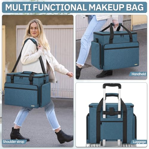 Extra Large Makeup Bag with 3 Removable Pouches and 1 Brush Holder - color: Blue