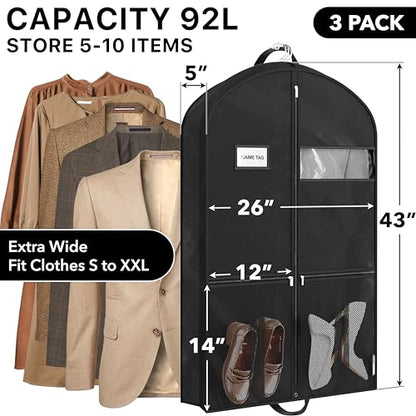 Simple Houseware 43" Travel Garment Bag with Pockets, Lightweight, 3 Pack - size: 43-Inch w/ Pocket, 3-Pack, Black