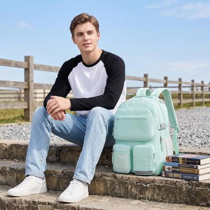 Lohol Water Resistant Backpack with Multifunctional Pockets for Teens, Durable Bookbag fits 15.6 inch Laptop for School Travel College, 25L, Light Green - color: Light Green