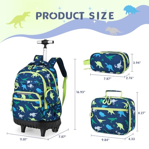 3 PCS Dinosaur Rolling Backpack for Boys Girls with Lunch Bag - color: Green Dinosaur