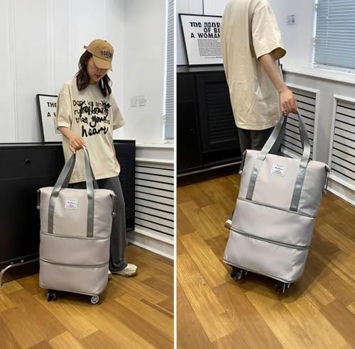 Travel Tote Bag with Trolley Sleeve Expandable Extra Duffel Bag with Wheels Lightweight Traveling Foldable Suitcase - color: Light Gray