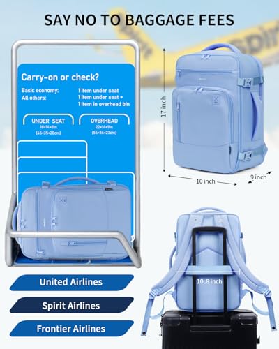 ECOHUB Travel Backpack Airline Approved Under Seat Personal Item Bag - color: Sky Blue, size: 17 inch underseat