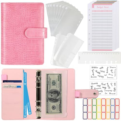 Budget Binder with Zipper Envelopes - Crocodile Pattern Leather Money Organizer, Cash Saving Book Budgeting Planner, Cash Stuffing Folder Envelope System, A6 Bill Binders with Pockets, Pink - color: Crocodile - Pink, size: A6 Kit