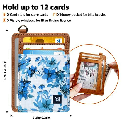 Credit Card Holder Wallet Women RFID Blocking Slim Wallet Front Pocket - color: Blue Flowers