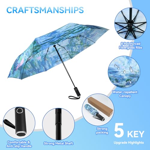 Van Gogh Folding Umbrella, Travel Umbrella with Starry Night Design, Auto Open & Close - Portable Compact Umbrella - Lightweight & Packable for Women & Men - color: Water Lilies A