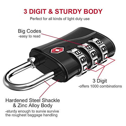 ZHEGE TSA Luggage Lock for Train 4 Pack, 1 Cable (30 Inch) (Black) - color: Black, 4Pack
