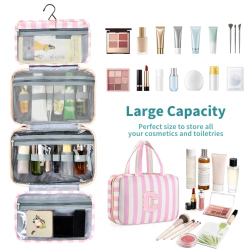 Personalized Travel Hanging Toiletry Bag & Makeup Bag Striped Pink C - color: Striped Pink, size: C