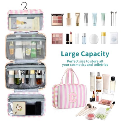 Personalized Travel Hanging Toiletry Bag & Makeup Bag Striped Pink C - color: Striped Pink, size: C