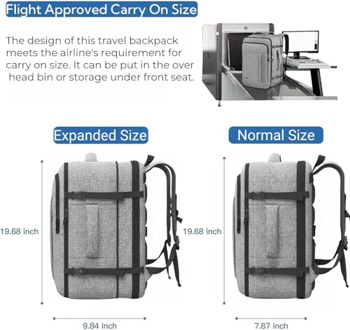 Gieury Carry On Backpack, 40-50L Expandable Travel Backpack Fits 17" Laptop - color: Grey, size: 2X-Large(20"x14"x10")